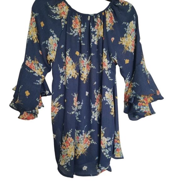 CHAPS Navy Blue Floral Three Quarter Sleeve Top - Size Large - Picture 7 of 10